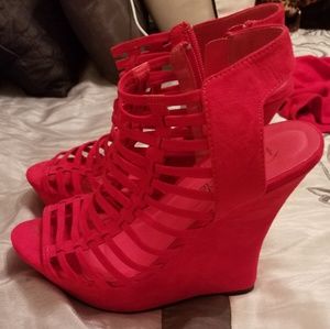 Faux suede red wedges